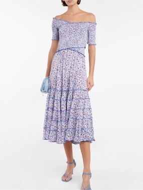 Poupette St. Barth Lavender Blue Floral Off-Shoulder Midi Dress